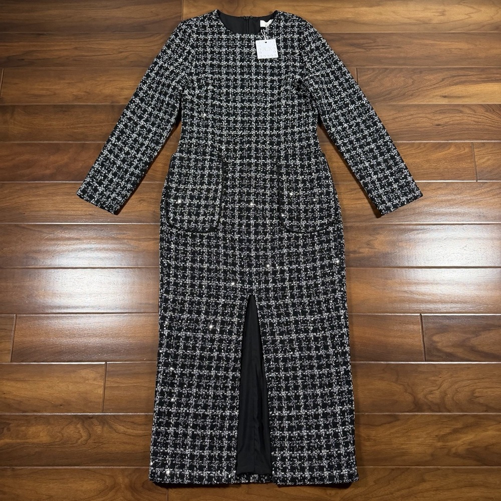 Le' AL.X Women's Size 6 Black White Sequin Plaid Tweed Front Split Midi Dress
